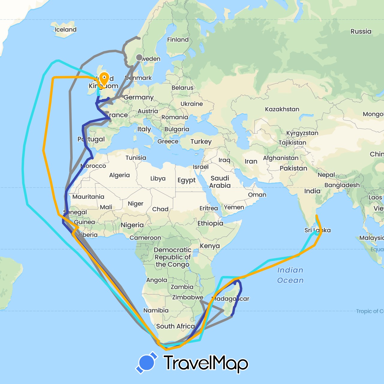 TravelMap itinerary: plane, jul 1939-mar 1940, mar-aug 1940, sep-okt 1940, nov-des 1940 in Belgium, Spain, France, United Kingdom, Guinea, India, Sri Lanka, Morocco, Madagascar, Mozambique, Netherlands, Norway, Sierra Leone, Senegal, South Africa (Africa, Asia, Europe)