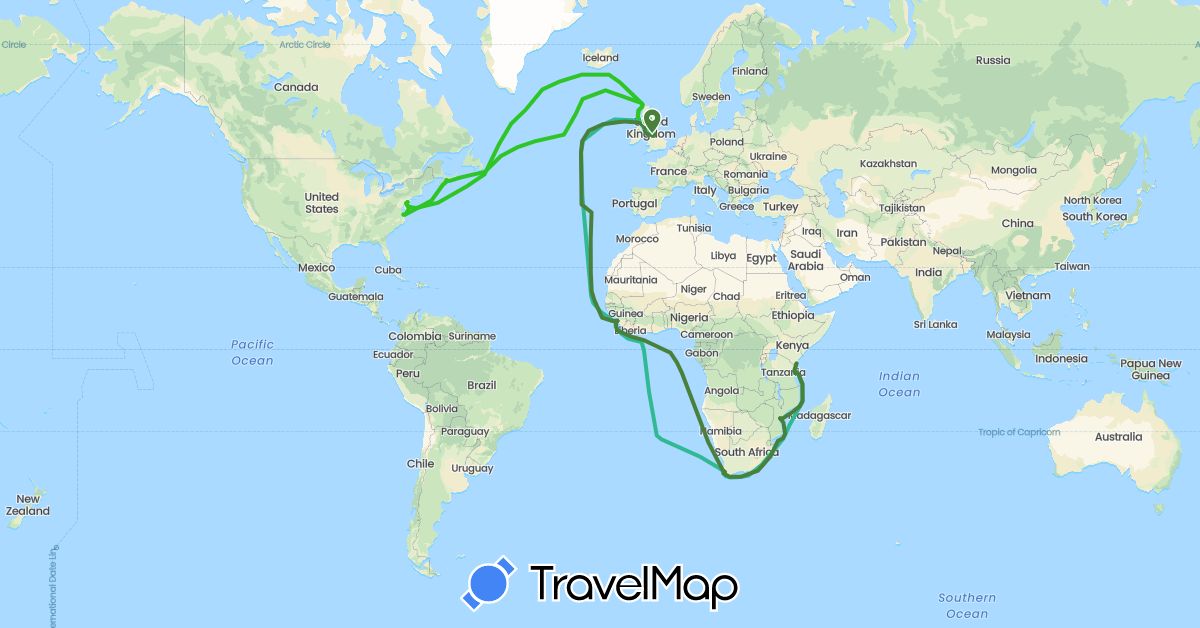 TravelMap itinerary: driving, jul-nov 1941, nov 1941-jan 1942, jan-mar 1942 in Canada, United Kingdom, Kenya, Mozambique, Sierra Leone, Tanzania, United States, South Africa (Africa, Europe, North America)