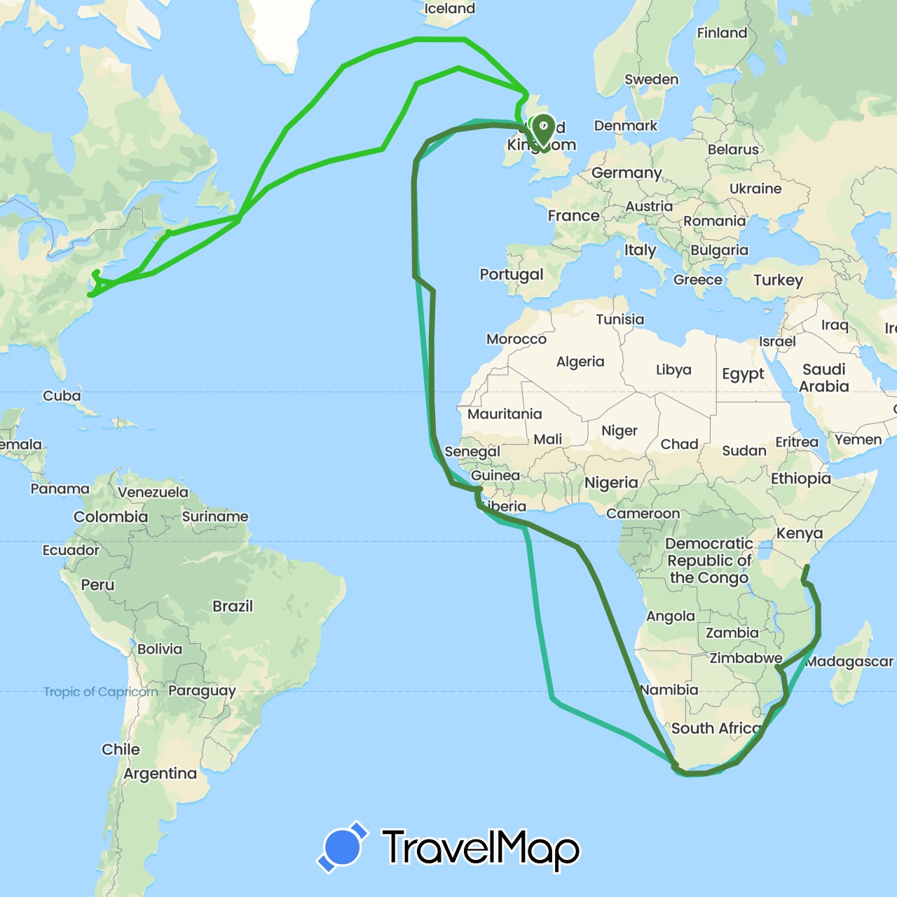TravelMap itinerary: driving, jul-nov 1941, nov 1941-jan 1942, jan-mar 1942 in Canada, United Kingdom, Kenya, Mozambique, Sierra Leone, Tanzania, United States, South Africa (Africa, Europe, North America)