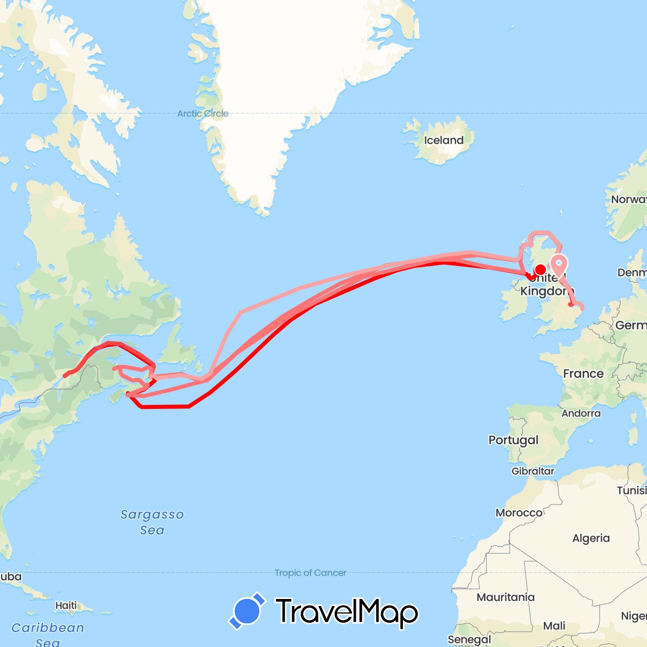 TravelMap itinerary: driving, apr-mai 1942, jun-jul 1942, jul-aug 1942, aug-sep 1942 in Canada, United Kingdom (Europe, North America)