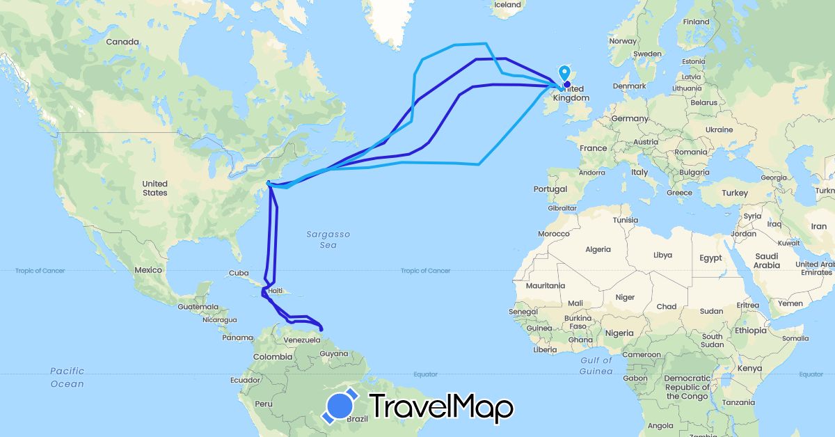 TravelMap itinerary: driving, okt-des 1942, jan-apr 1943 in United Kingdom, Trinidad and Tobago, United States (Europe, North America)