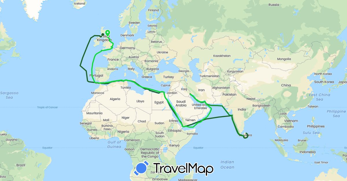 TravelMap itinerary: driving, feb-apr 1944, mai-juni 1944, jul-okt 1944 in Algeria, Egypt, Spain, United Kingdom, Gibraltar, India, Iraq, Iran, Sri Lanka, Oman, Yemen (Africa, Asia, Europe)
