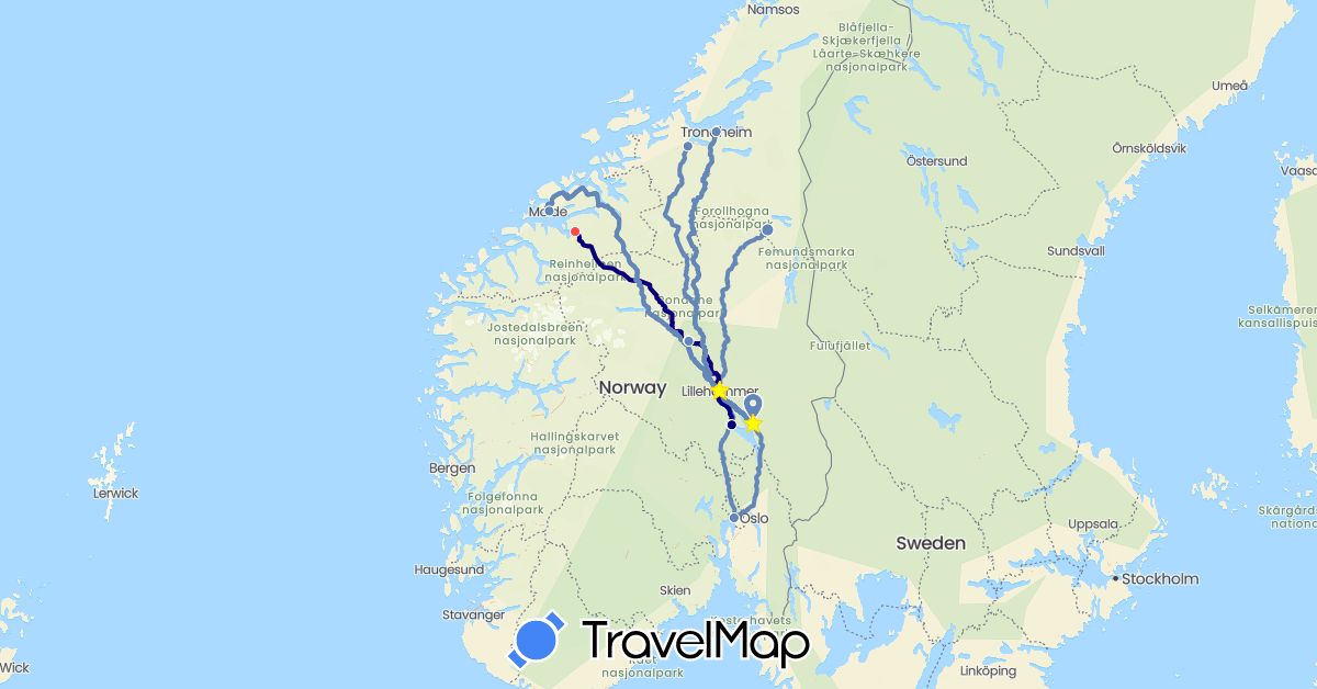TravelMap itinerary: driving, cycling, hiking in Norway (Europe)